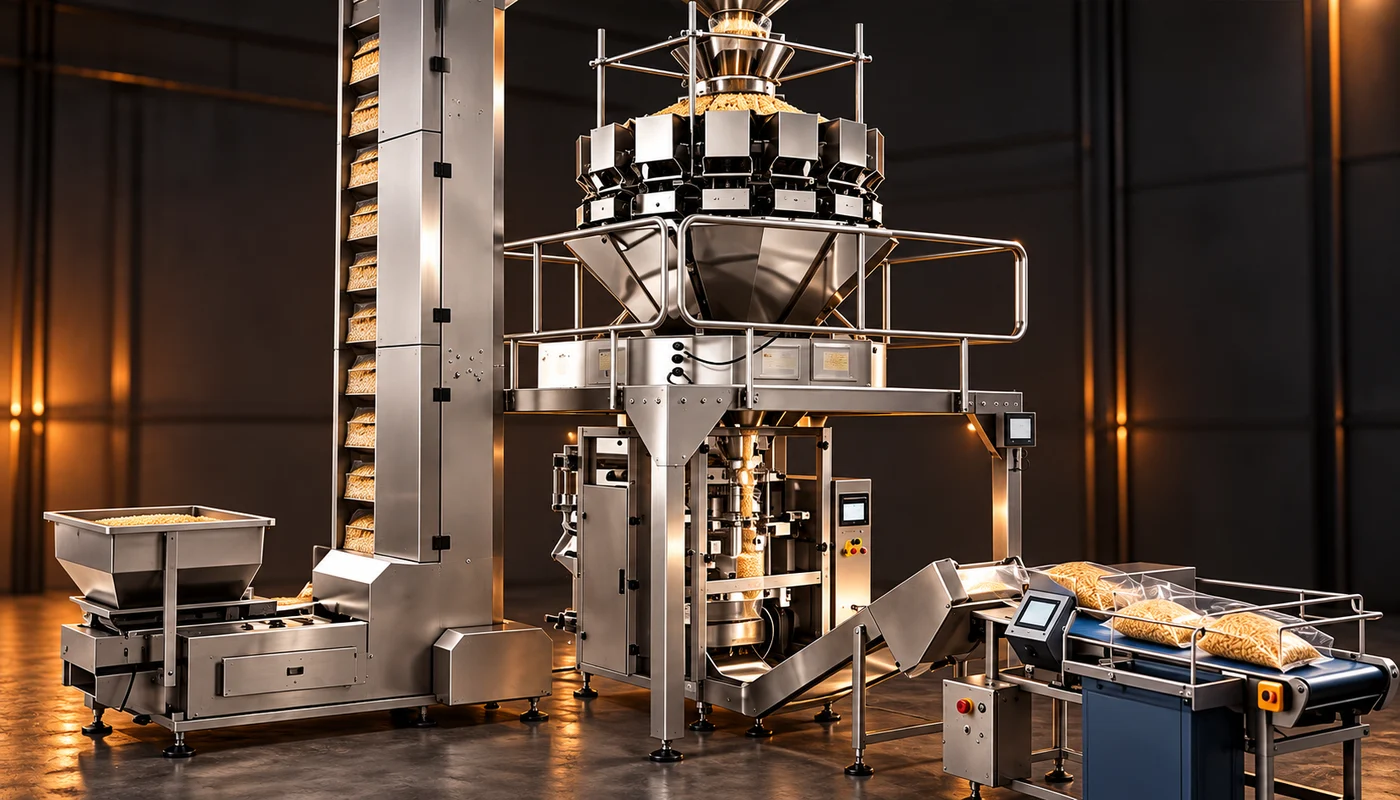 Illustrated weighing and vertical bagging process with finished grain packs